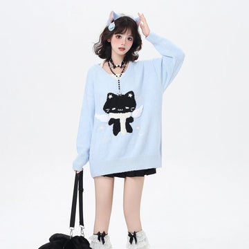Kawaii Angel Cat Embroidered V-Neck Sweater