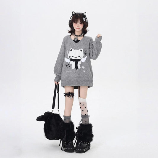 Kawaii Angel Cat Embroidered V-Neck Sweater