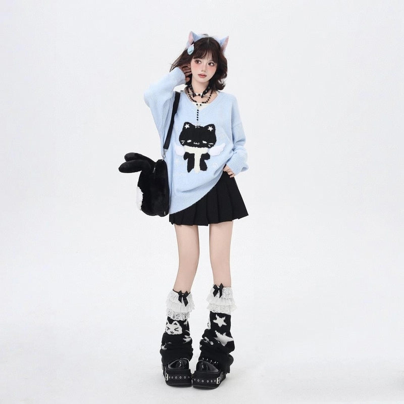 Kawaii Angel Cat Embroidered V-Neck Sweater