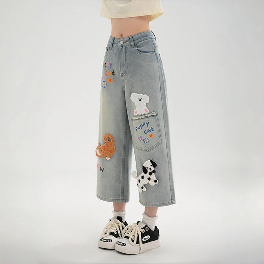 Kawaii Animal Patch High Waist Straight Leg Jeans