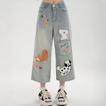 Kawaii Animal Patch High Waist Straight Leg Jeans