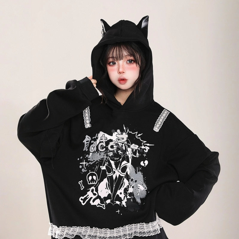 Kawaii Anime Girl Print Hooded Sweater
