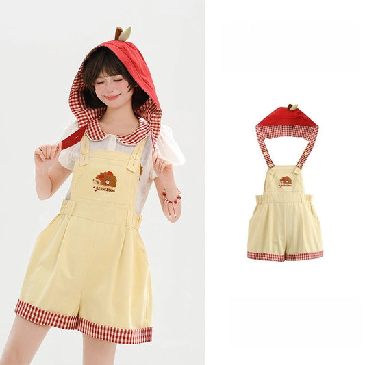 Kawaii Apple Embroidered Overall Shorts