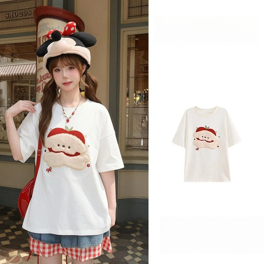 Kawaii Apple Puppy Embroidered T-Shirt
