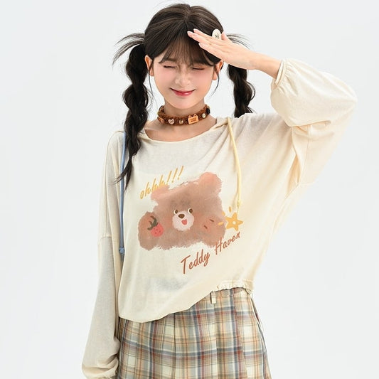 Kawaii Apricot Cartoon Bear Print Long Sleeve Hooded T-shirt