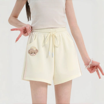 Kawaii Bear Embroidered Elastic Waist Shorts