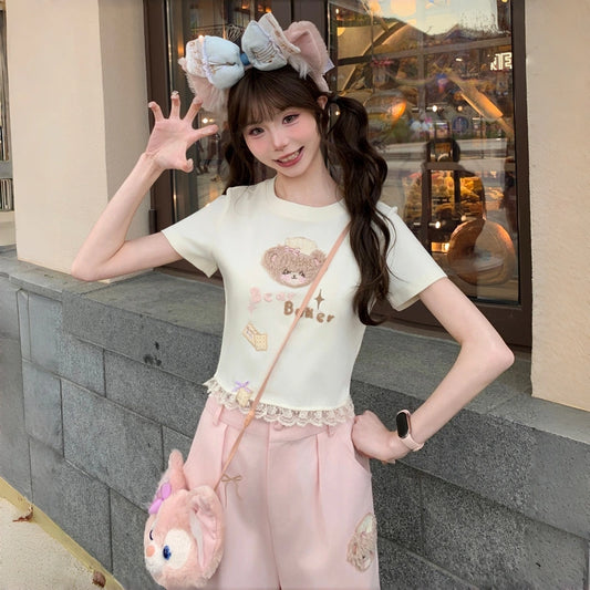Kawaii Bear Embroidered Lace Hem Crop T-Shirt