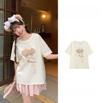 Kawaii Bear Embroidered Lace Hem Crop T-Shirt