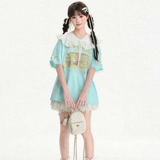 Kawaii Bear Lace Trim T-Shirt