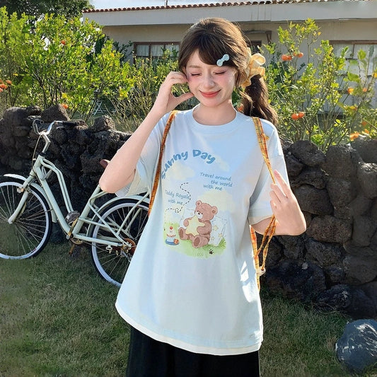 Kawaii Bear Picnic Print Oversized T-Shirt