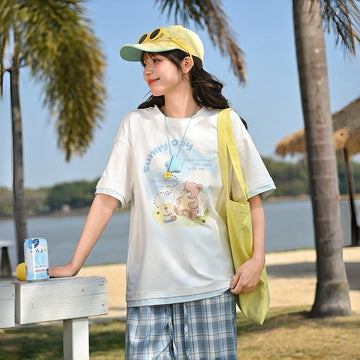 Kawaii Bear Picnic Print Oversized T-Shirt