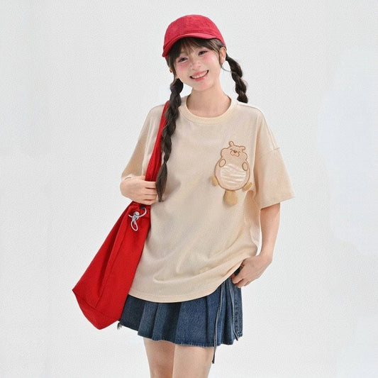 Kawaii Beige Cartoon Groundhog Embroidery Round Neck T-shirt