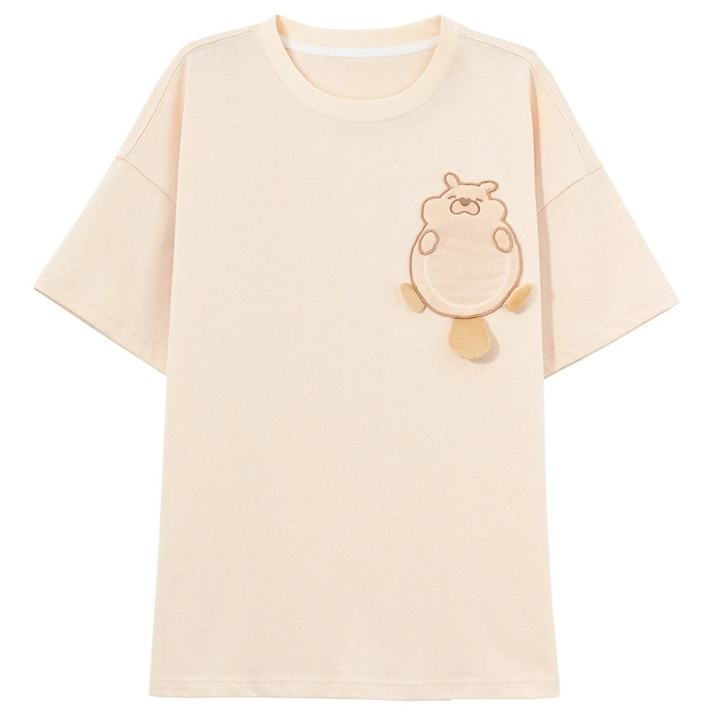 Kawaii Beige Cartoon Groundhog Embroidery Round Neck T-shirt
