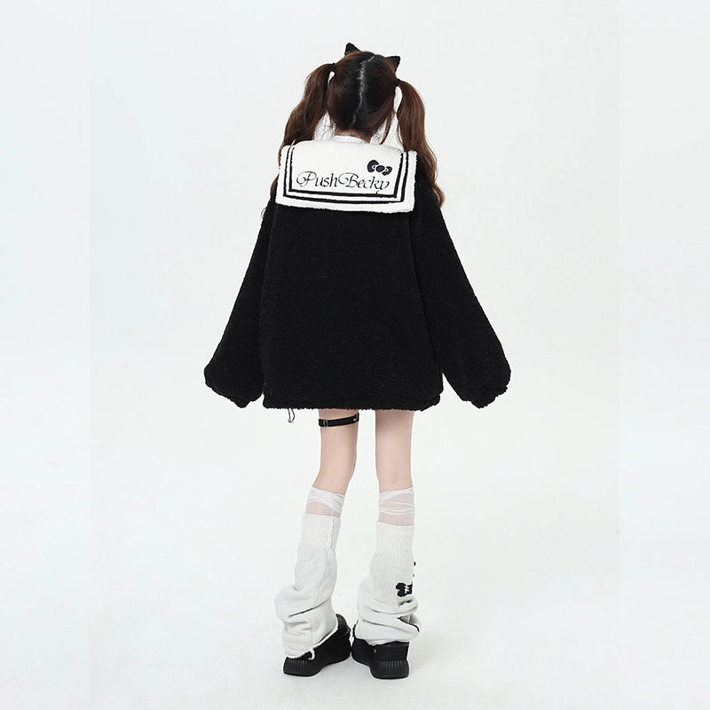 Kawaii Black Cat Claw Embroidered Navy Collar Cotton Coat