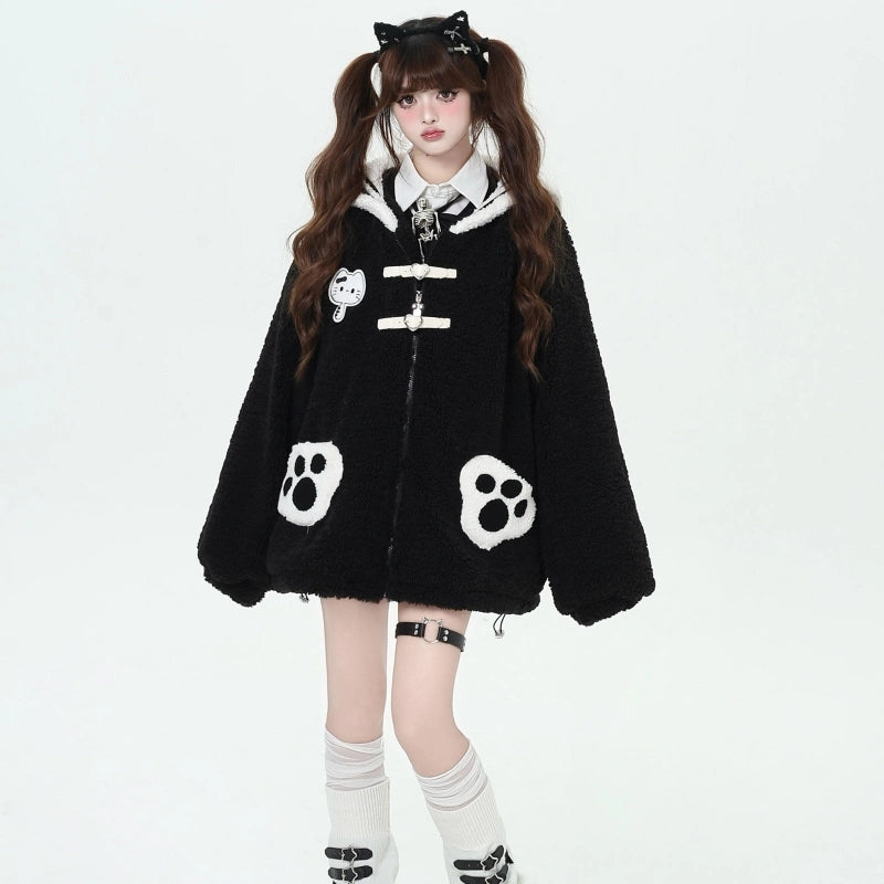 Kawaii Black Cat Claw Embroidered Navy Collar Cotton Coat