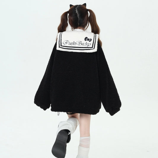 Kawaii Black Cat Claw Embroidered Navy Collar Cotton Coat