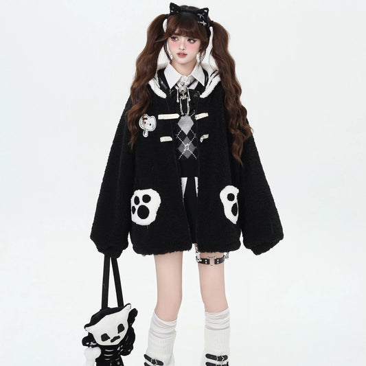 Kawaii Black Cat Claw Embroidered Navy Collar Cotton Coat