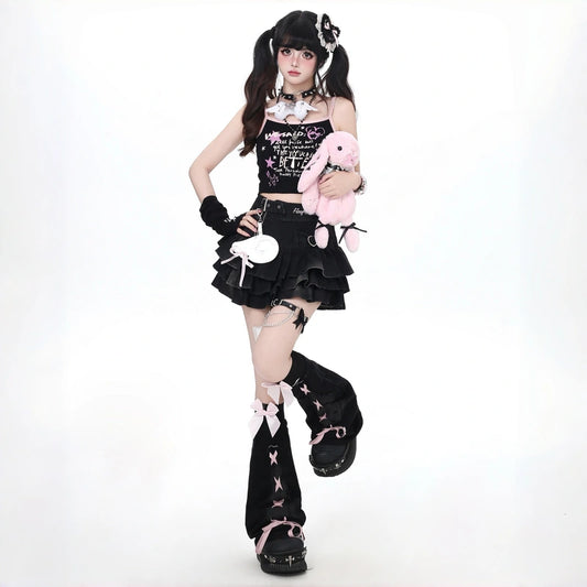 Kawaii Black Denim High Waist Cake Skirt