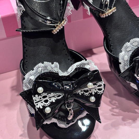 Kawaii Black Lace Bow Low Heel Sandals
