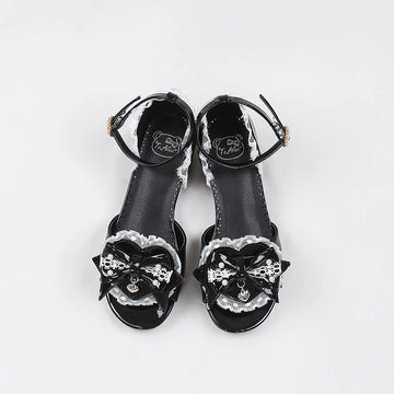 Kawaii Black Lace Bow Low Heel Sandals