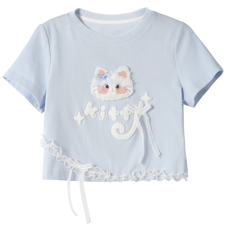 Kawaii Blue Cartoon Cat Embroidery Short Sleeve T-shirt