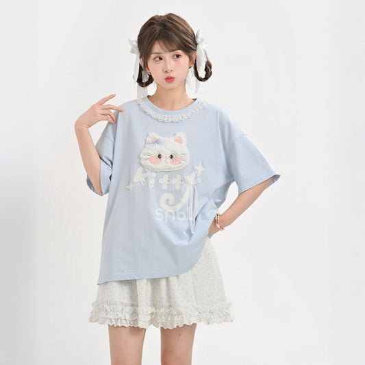 Kawaii Blue Cartoon Cat Embroidery Short Sleeve T-shirt