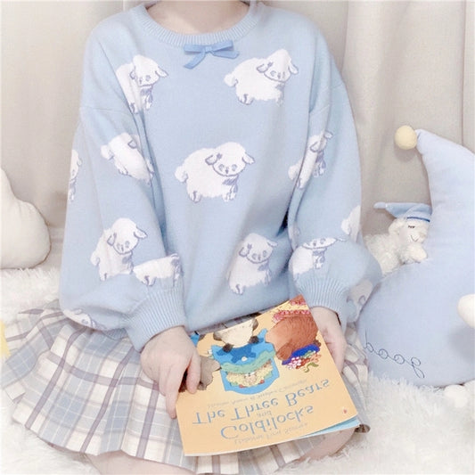 Kawaii Blue Cartoon Lamb Embroidered Sweater