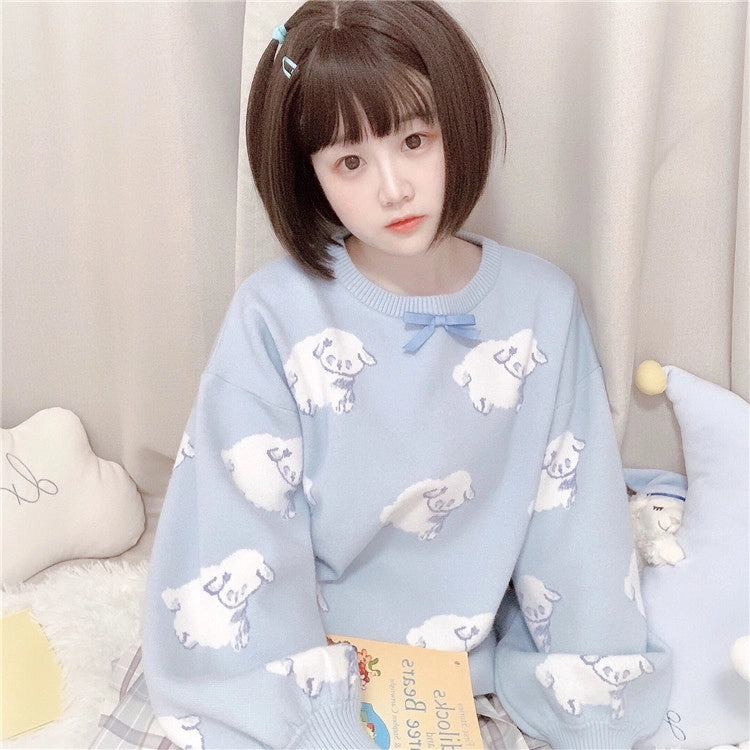 Kawaii Blue Cartoon Lamb Embroidered Sweater