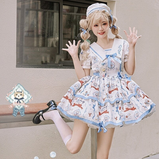 Kawaii Blue Cartoon Navy Cat Print Lolita Dress