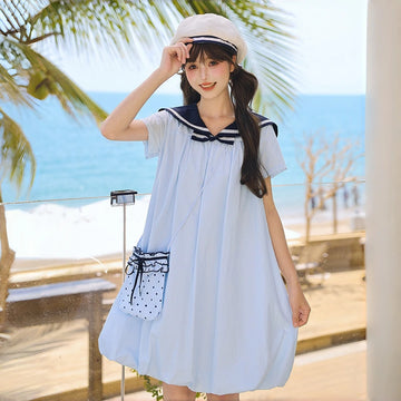 Kawaii Blue Sailor Collar Cotton Dress With Bag