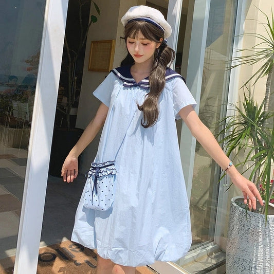 Kawaii Blue Sailor Collar Cotton Dress With Bag