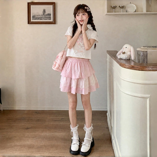 Kawaii Bow Embellished Crop T-Shirt