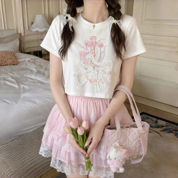 Kawaii Bow Embellished Crop T-Shirt
