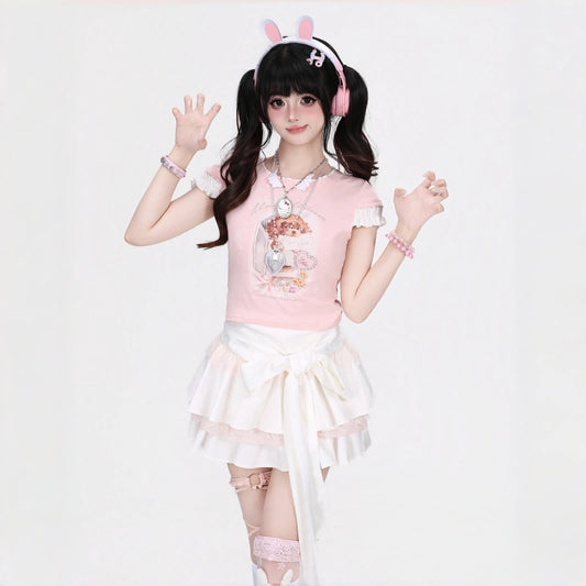 Kawaii Bow Lace Tiered Mini Skirt