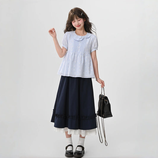 Kawaii Bow Print Peter Pan Collar Puff Sleeve Blouse
