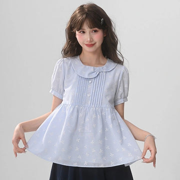 Kawaii Bow Print Peter Pan Collar Puff Sleeve Blouse