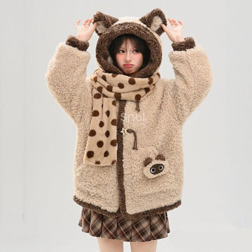 Kawaii Brown Raccoon Hooded Fleece Sweatshirt