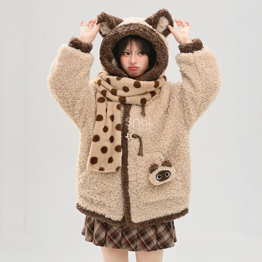 Kawaii Brown Raccoon Hooded Fleece Sweatshirt
