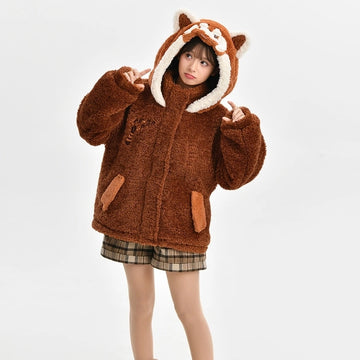 Kawaii Brown Red Panda Plush Hooded Coat