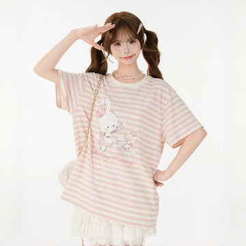 Kawaii Bunny Bakery Striped Oversized T-Shirt