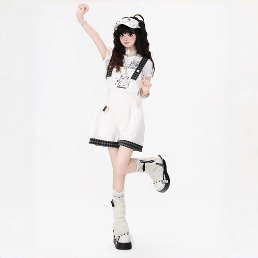 Kawaii Bunny Embroidered Plaid Suspender Shorts