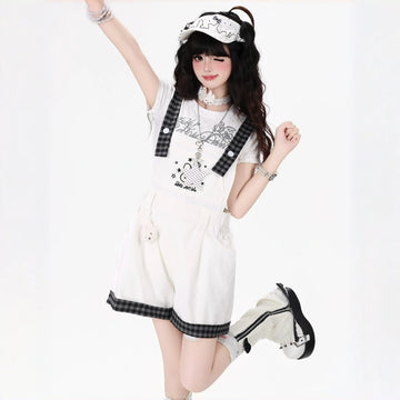 Kawaii Bunny Embroidered Plaid Suspender Shorts