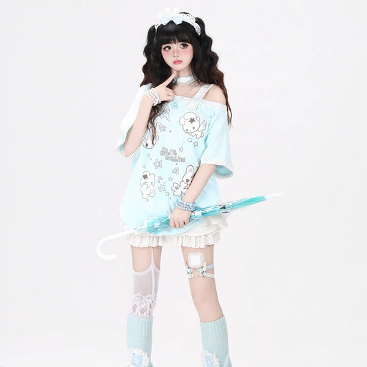 Kawaii Bunny Polka Dot Off-Shoulder Oversized T-Shirt