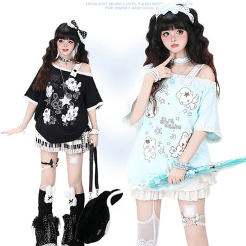 Kawaii Bunny Polka Dot Off-Shoulder Oversized T-Shirt