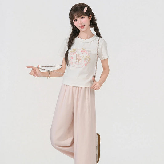 Kawaii Bunny Strawberry Print Lace Collar T-Shirt
