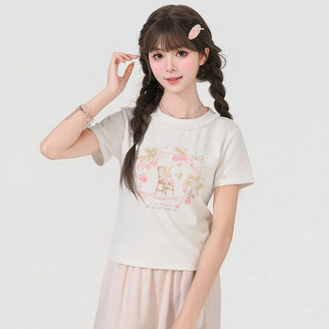 Kawaii Bunny Strawberry Print Lace Collar T-Shirt