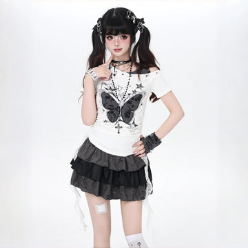 Kawaii Butterfly Cut-Out Off-Shoulder T-Shirt