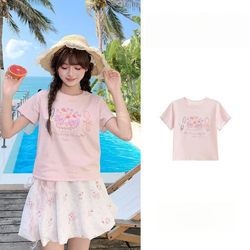 Kawaii Cake Print Crop T-Shirt