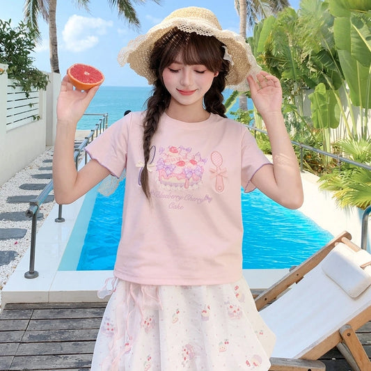 Kawaii Cake Print Crop T-Shirt