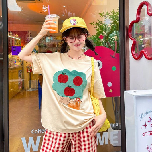 Kawaii Cartoon Apple Tree Embroidered T-shirts